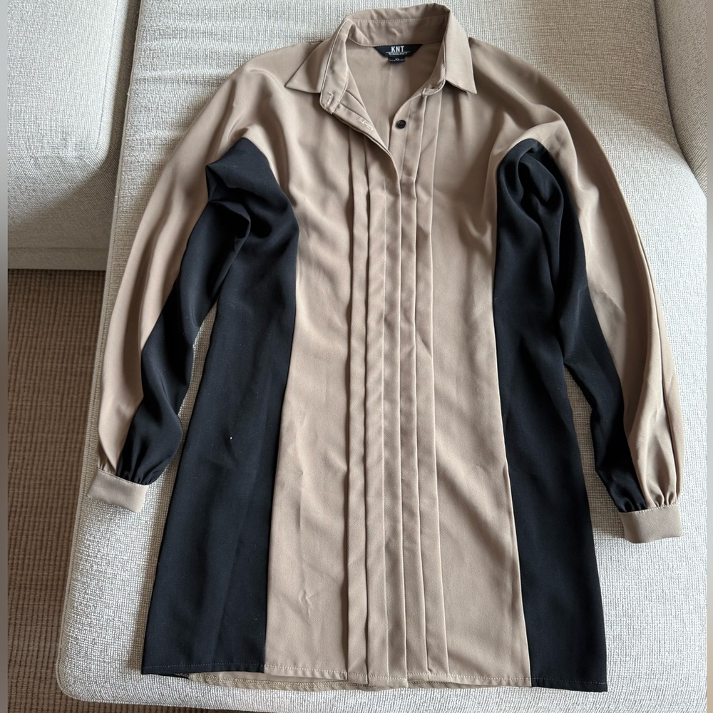 Two-Tone Taupe/Black Long Sleeve Women’s Shirt Dress by KNT, size XS